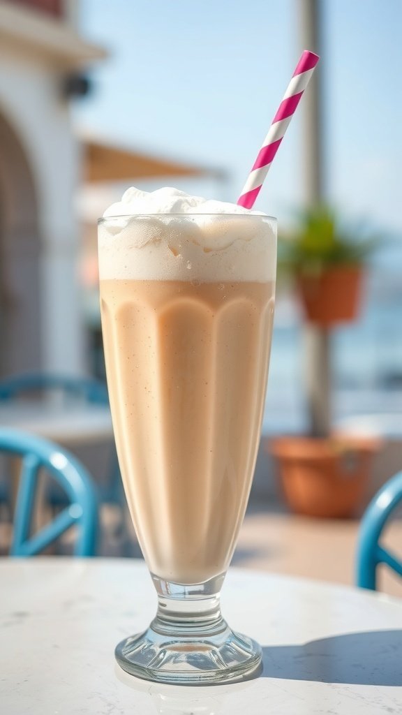 A refreshing Greek frappe in a tall glass with a pink straw.