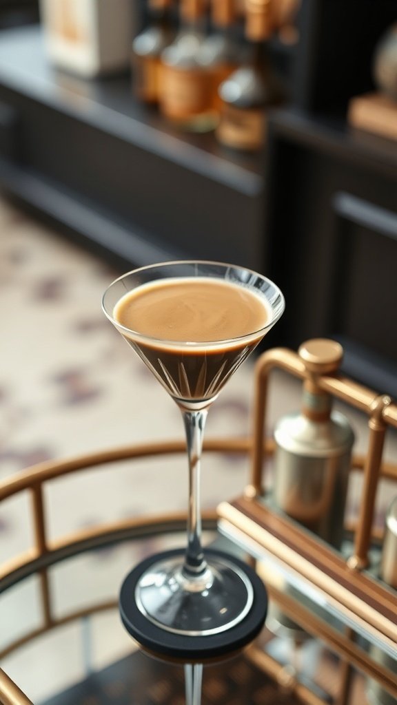 A coffee martini in a stylish martini glass on a bar cart.