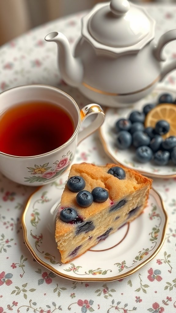 A slice of blueberry sour cream coffee cake on a floral plate next to a cup of tea and a teapot.