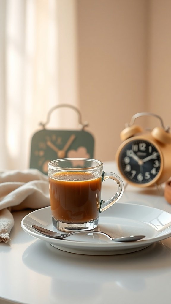 A cup of coffee on a plate with clocks in the background, symbolizing morning routines.