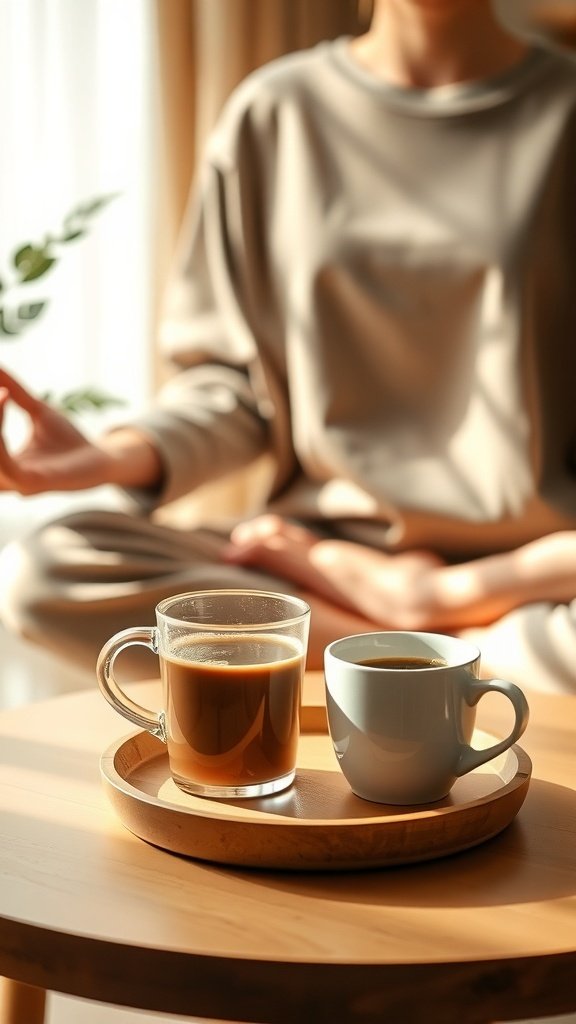 A cozy morning scene with two cups of coffee on a wooden table, highlighting the importance of mindset in boosting metabolism.