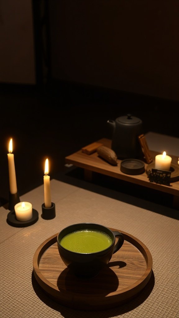 Candlelit setup for a matcha tea ceremony with a cup of matcha, candles, and traditional teaware.