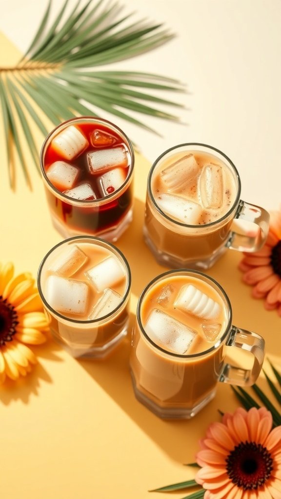 Three glasses of iced coffee surrounded by sunflowers and green leaves on a turquoise background.