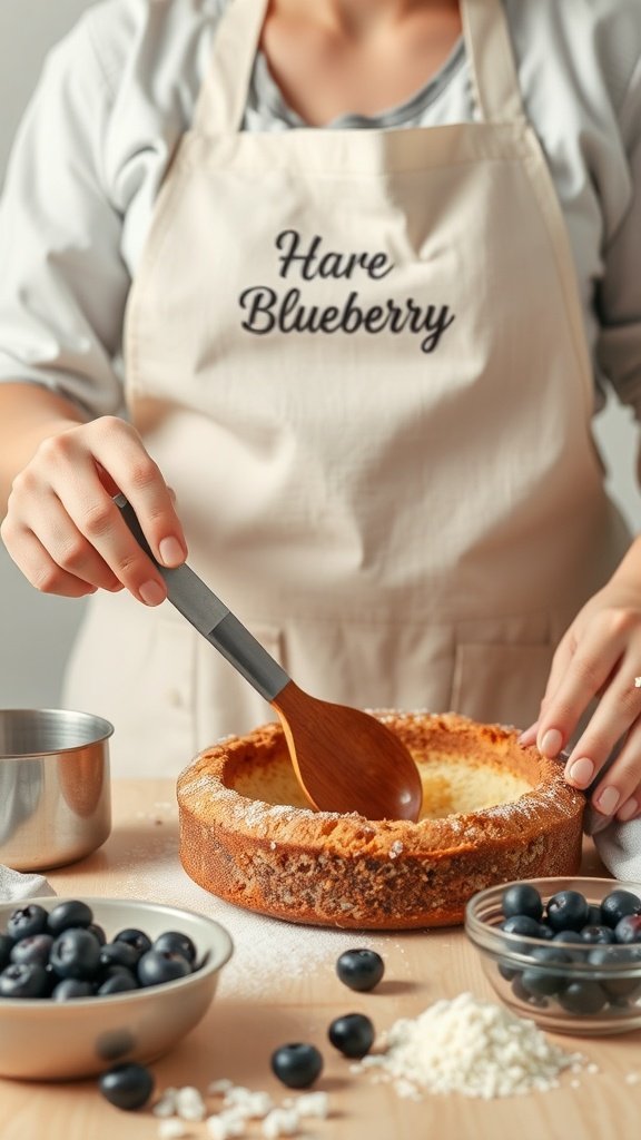 A person in an apron preparing blueberry sour cream coffee cake with fresh blueberries and ingredients on the table.