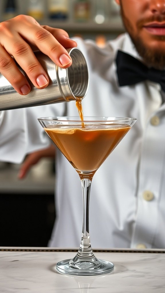 Bartender pouring a coffee martini from a shaker into a glass