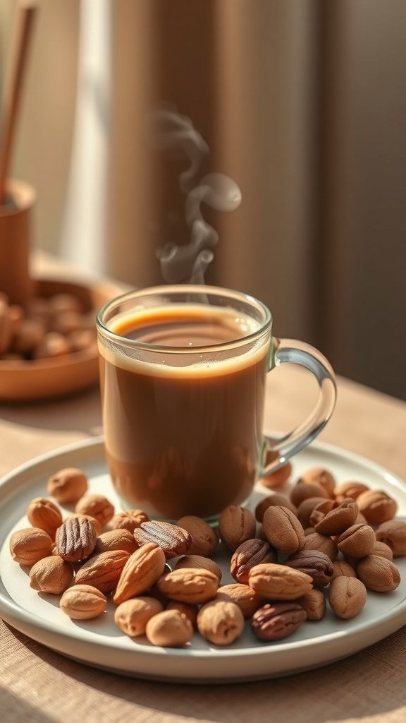 A steaming cup of coffee surrounded by various nuts on a plate, representing a healthy breakfast option.