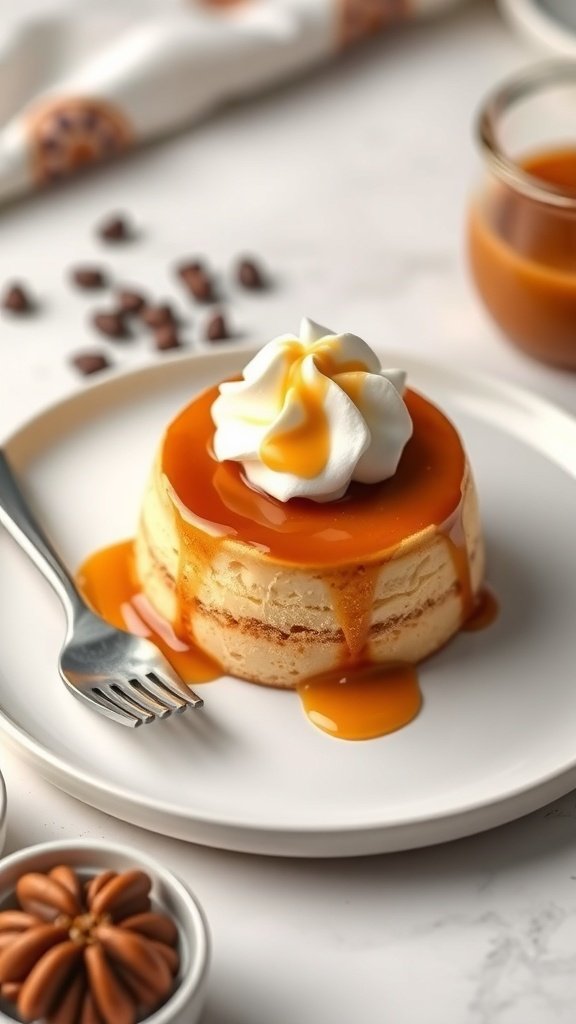 Delicious coffee flan with caramel sauce and whipped cream on top.