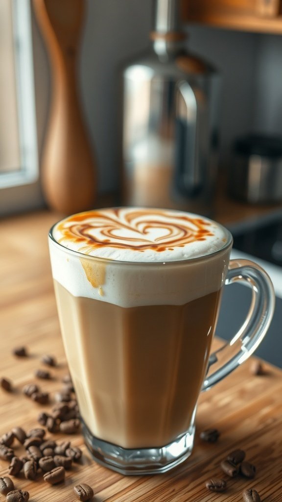 A delicious caramel brulee cappuccino topped with foam and caramel drizzle.