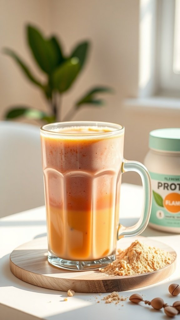 A colorful protein shake in a glass with protein powder beside it, set on a wooden board.