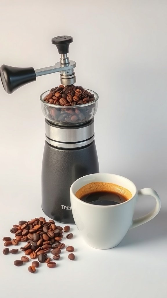 A coffee grinder with beans and a cup of coffee