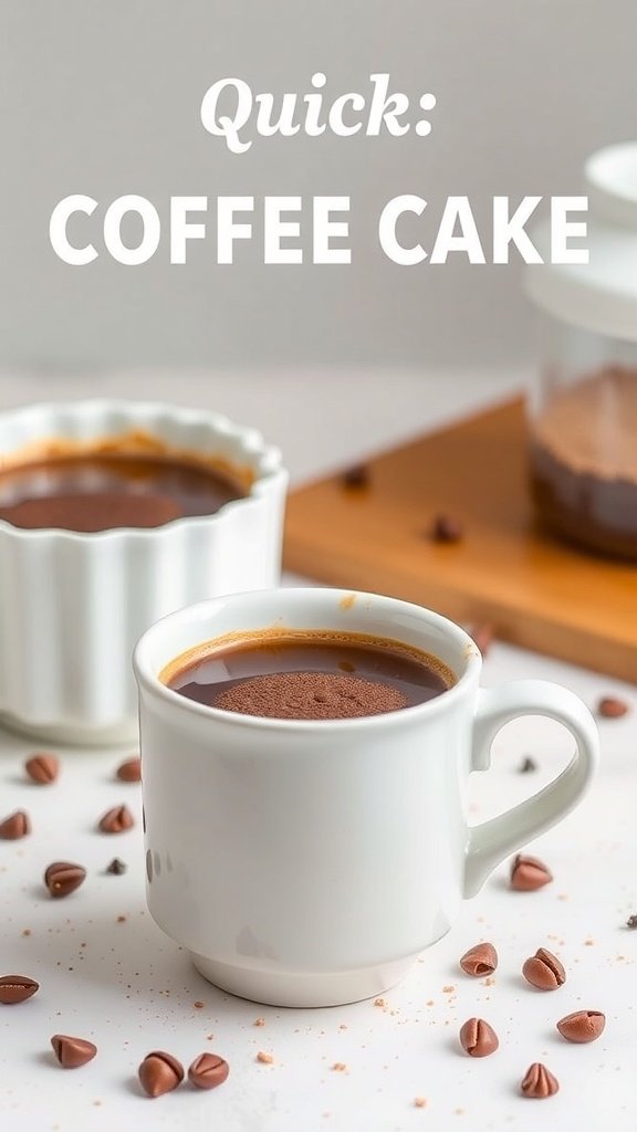 A cup of coffee next to a small dish of coffee cake