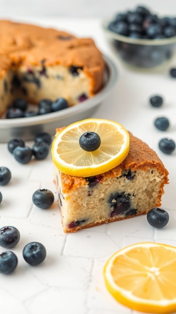 Blueberry sour cream coffee cake with lemon slices and fresh blueberries