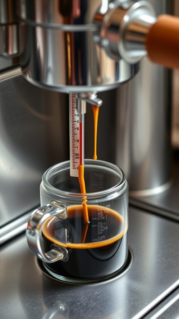 A thermometer measuring the temperature of espresso being brewed.