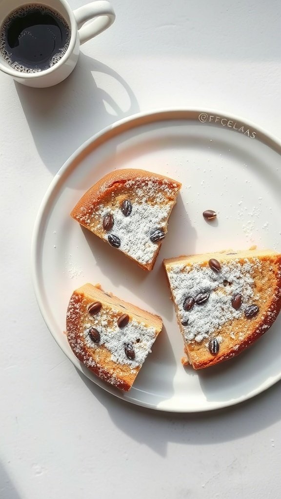 Slices of coffee crunch cake on a plate with a cup of coffee.