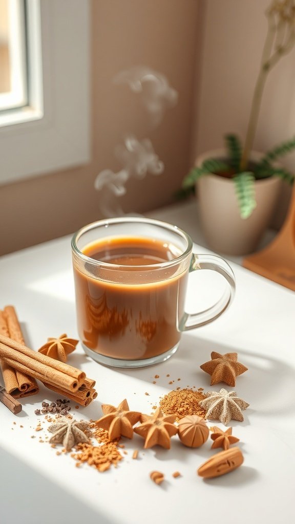 A cup of coffee surrounded by various spices like cinnamon and star anise.
