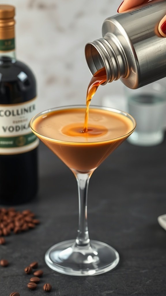 A bartender pouring a coffee martini into a glass, with vodka and coffee beans in the background.
