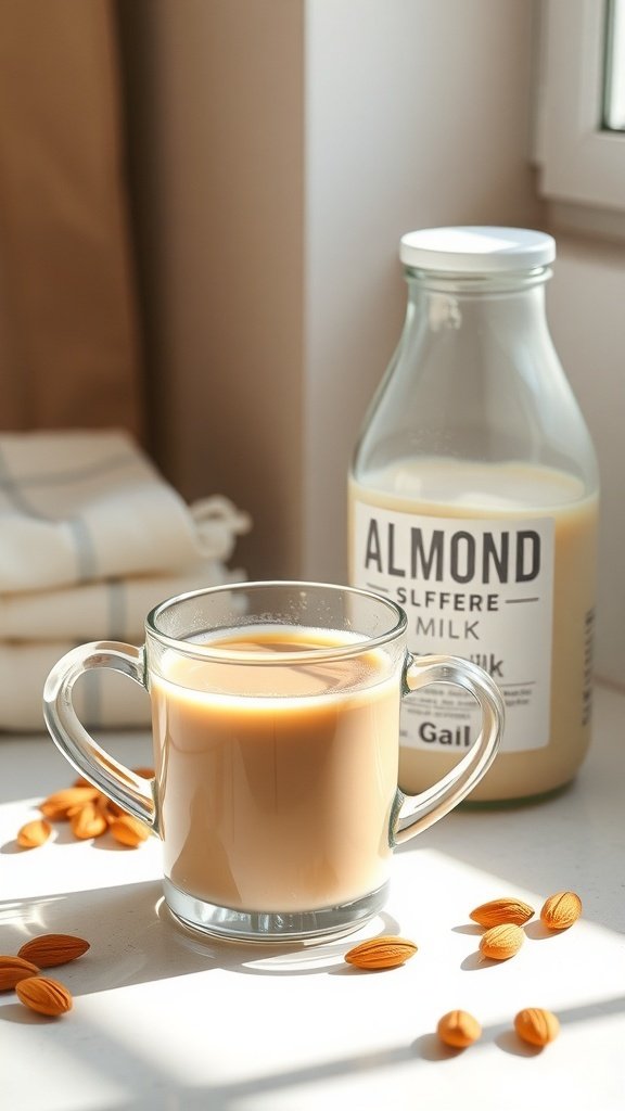 A glass of coffee with almond milk and almonds on a table.