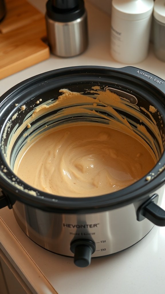 A slow cooker filled with a creamy coffee cake batter.