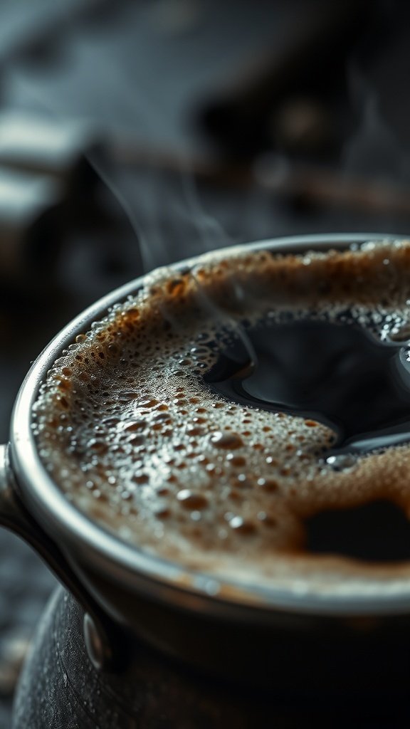 A close-up of Turkish coffee brewing in a cezve, with steam rising and bubbles forming on the surface.
