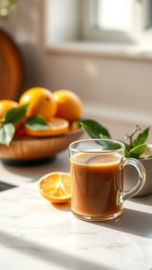 A cup of coffee with a slice of lemon beside fresh oranges on a kitchen counter.