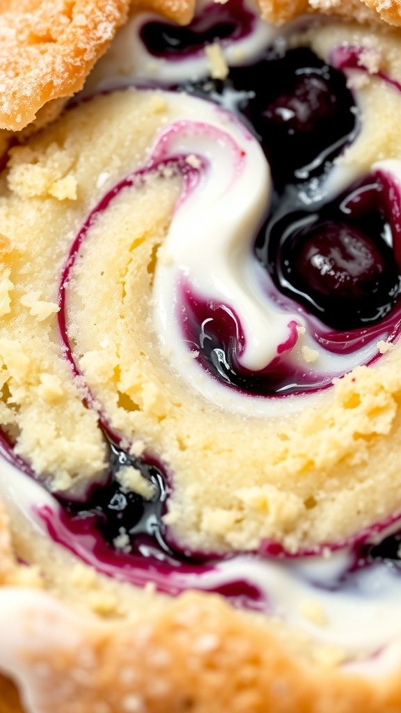 Close-up of blueberry sour cream coffee cake with a creamy swirl and fresh blueberries
