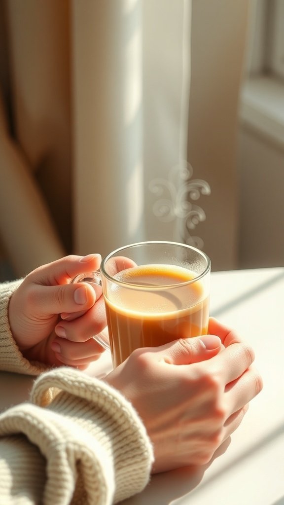 A person holding a warm cup of coffee, enjoying a cozy moment.