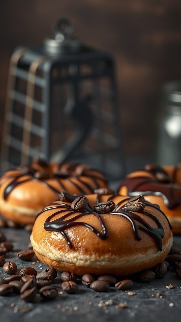 Delicious coffee donuts with chocolate drizzle and coffee beans on a dark background.