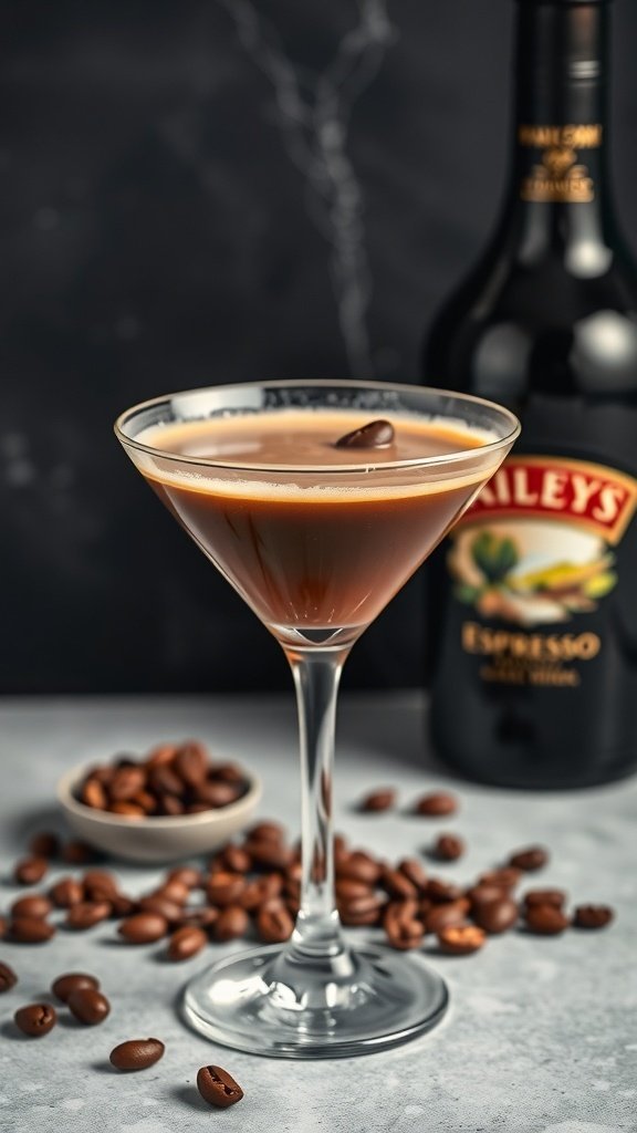 A Baileys Espresso Martini in a glass with coffee beans scattered around and a bottle of Baileys in the background.
