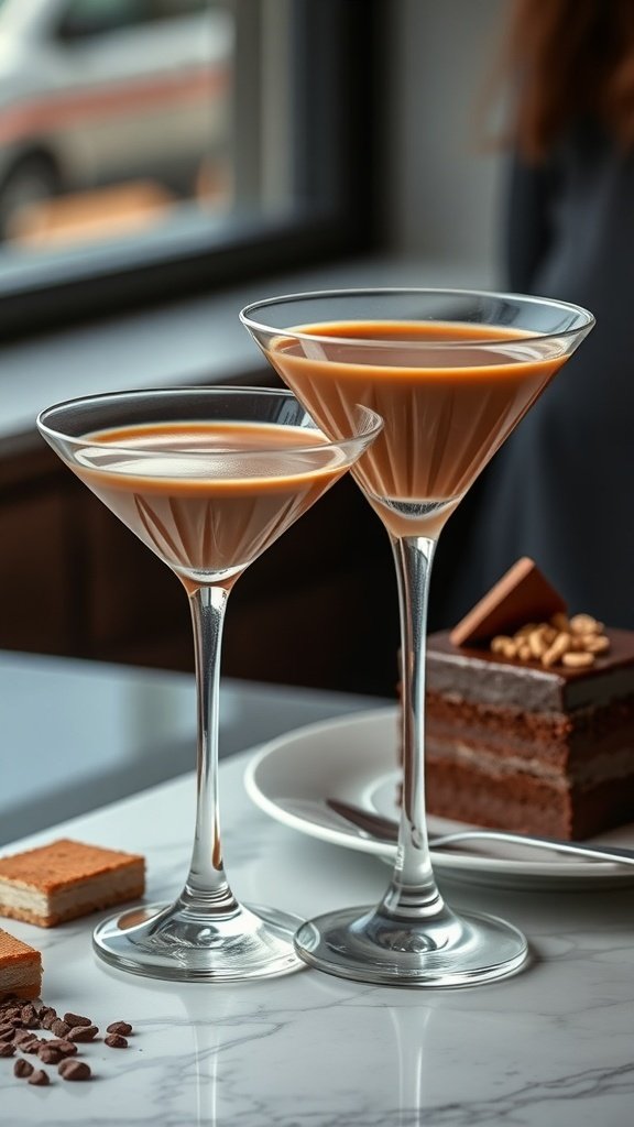 Two coffee martinis next to a slice of chocolate cake on a marble table
