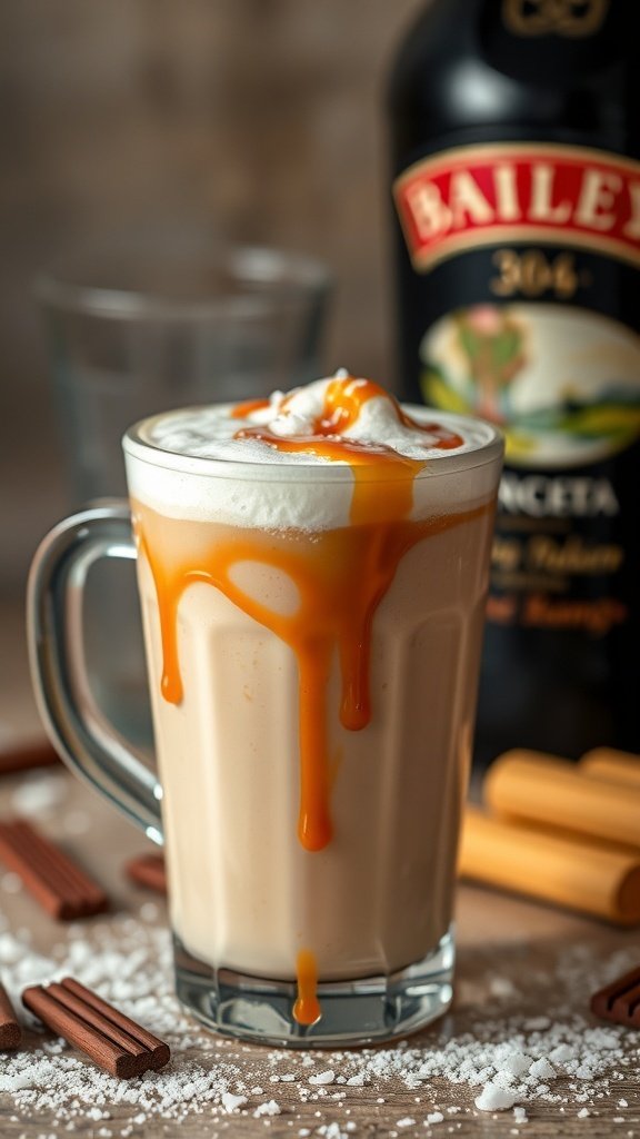 A delicious Baileys Caramel Macchiato topped with whipped cream and caramel drizzle, with a bottle of Baileys in the background.