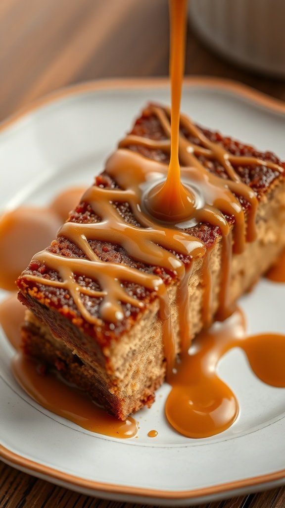 A slice of coffee cake drizzled with caramel on a plate.