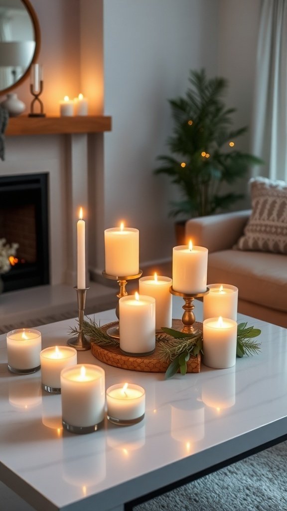 A cozy living room coffee table decorated with various candles of different heights and styles, creating a warm and inviting atmosphere.