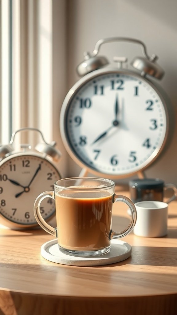 A glass of coffee on a table with clocks in the background, symbolizing a morning routine.