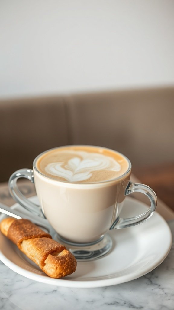 A beautifully crafted cappuccino with latte art, served with a pastry.