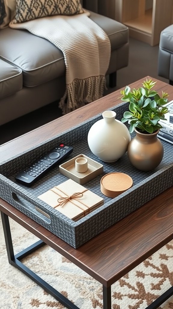 A stylish coffee table with a textured tray holding a remote, coasters, and decorative items.