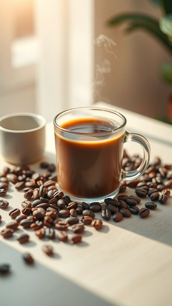 A steaming cup of coffee surrounded by coffee beans on a wooden table.