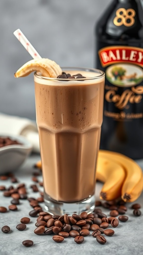 A creamy Baileys coffee smoothie topped with banana and coffee beans, with a Baileys bottle in the background.