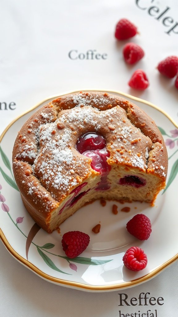 A slice of coffee cake with raspberry filling on a decorative plate, garnished with fresh raspberries.