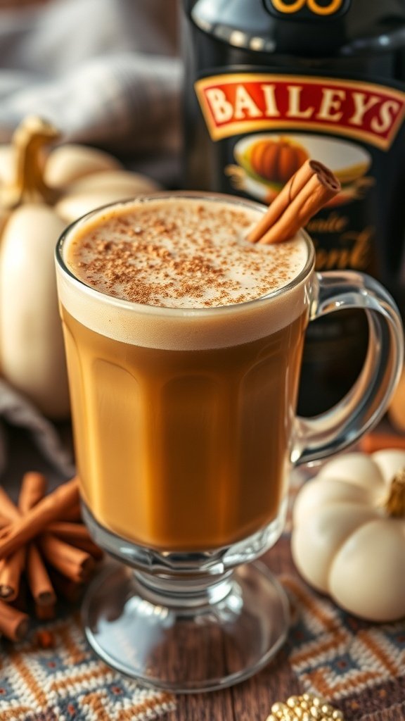A cup of spiced Baileys pumpkin coffee with a cinnamon stick, surrounded by pumpkins and star anise.