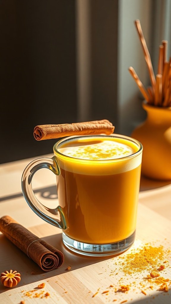 A warm turmeric latte with cinnamon sticks and spices on a wooden table.