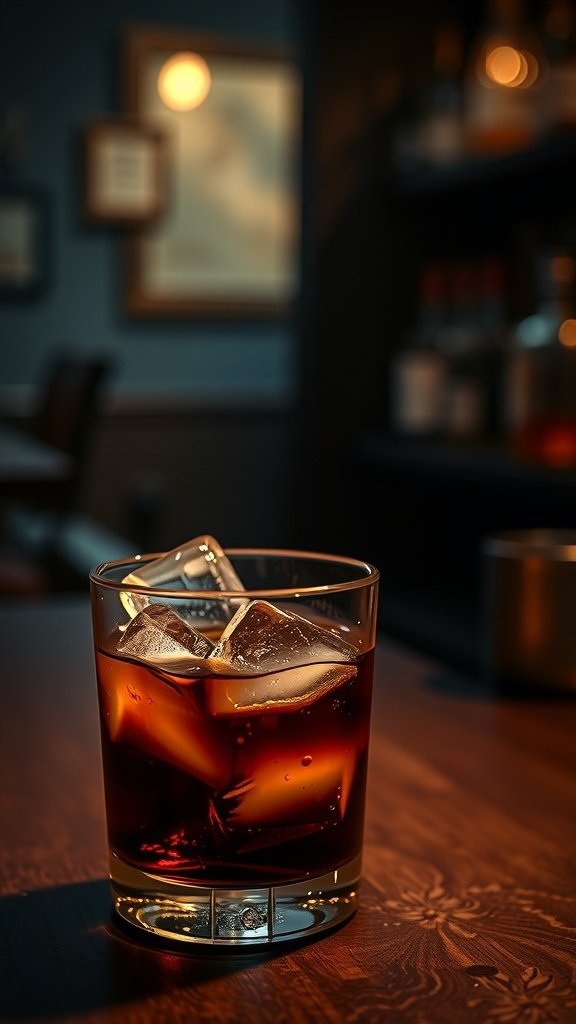 A glass of coffee moonshine cocktail with ice cubes on a wooden table