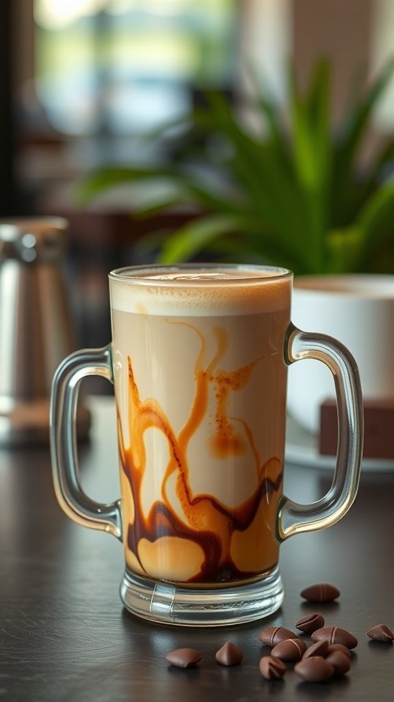 A creamy homemade mocha latte in a glass mug with chocolate swirls.