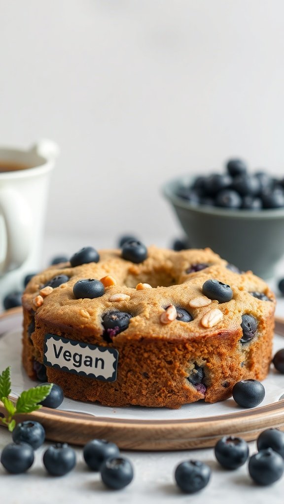 A vegan blueberry sour cream coffee cake topped with fresh blueberries.