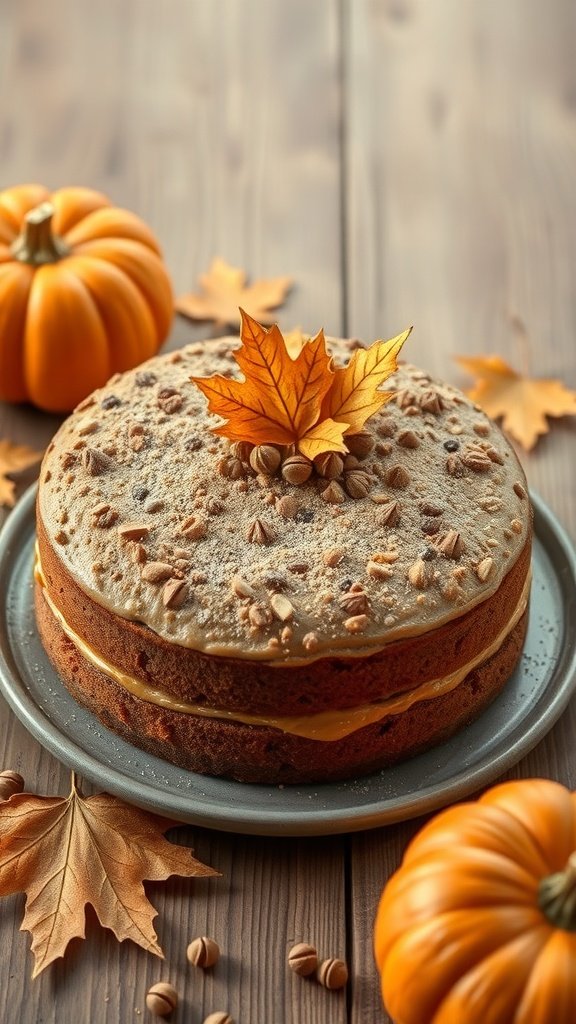 A delicious pumpkin spice coffee cake decorated with autumn leaves and nuts.