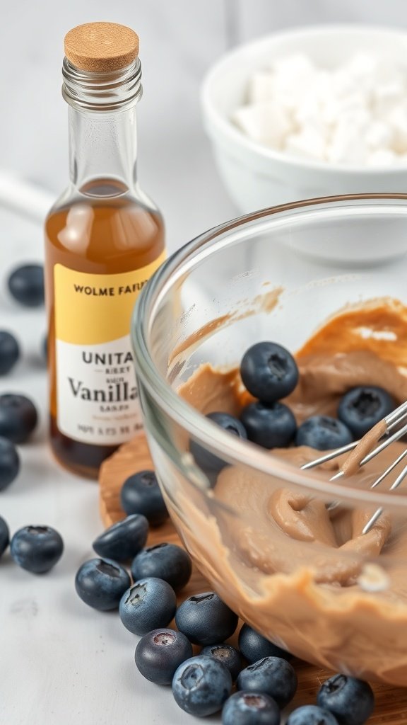 Ingredients for blueberry sour cream coffee cake including blueberries, vanilla extract, and a mixing bowl.