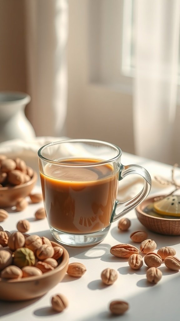 A cup of coffee surrounded by nuts on a table