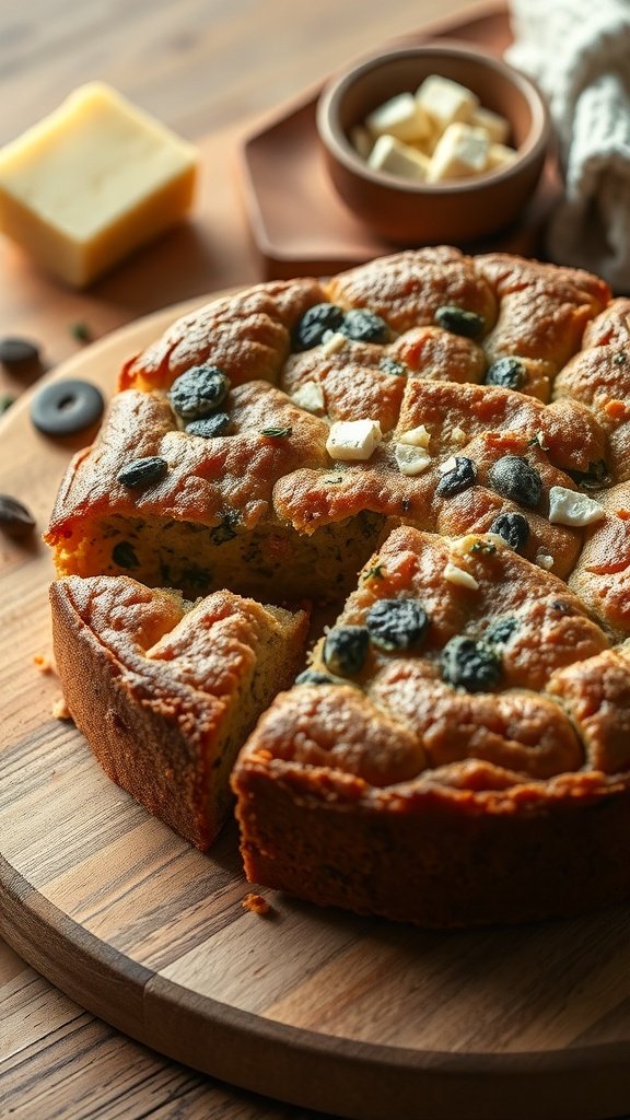 A savory coffee cake with blueberries and butter on a wooden board.