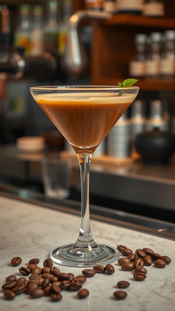 A beautifully crafted Coffee Martini with coffee beans scattered around.