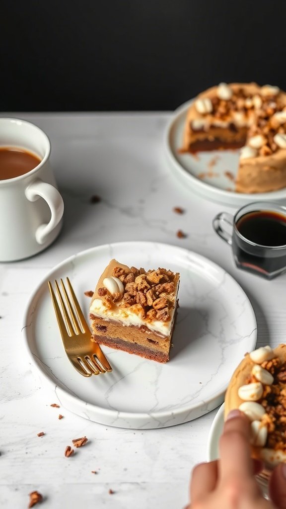 A slice of coffee crunch cake on a marble plate with a fork, surrounded by coffee cups.