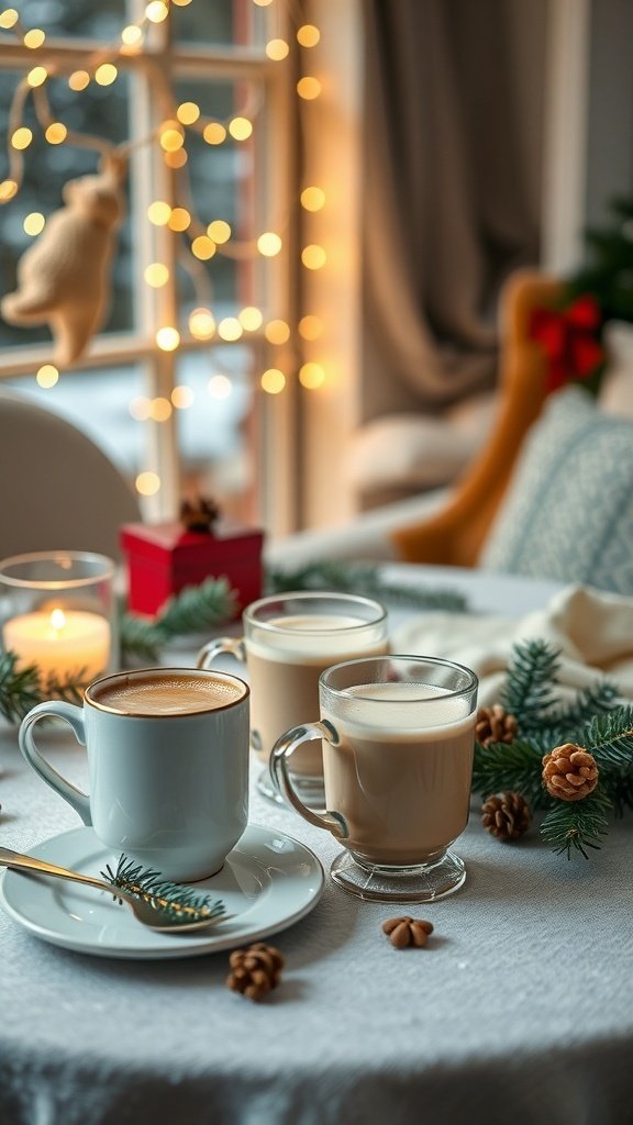 Three cups of coffee with festive decorations and warm lighting